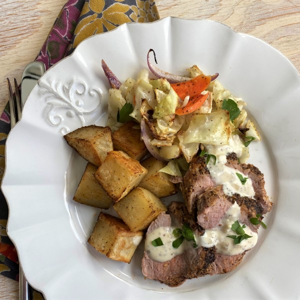 Sheetpan Pork Tenderloin with Crispy Cabbage, Garlicky Roast Potatoes